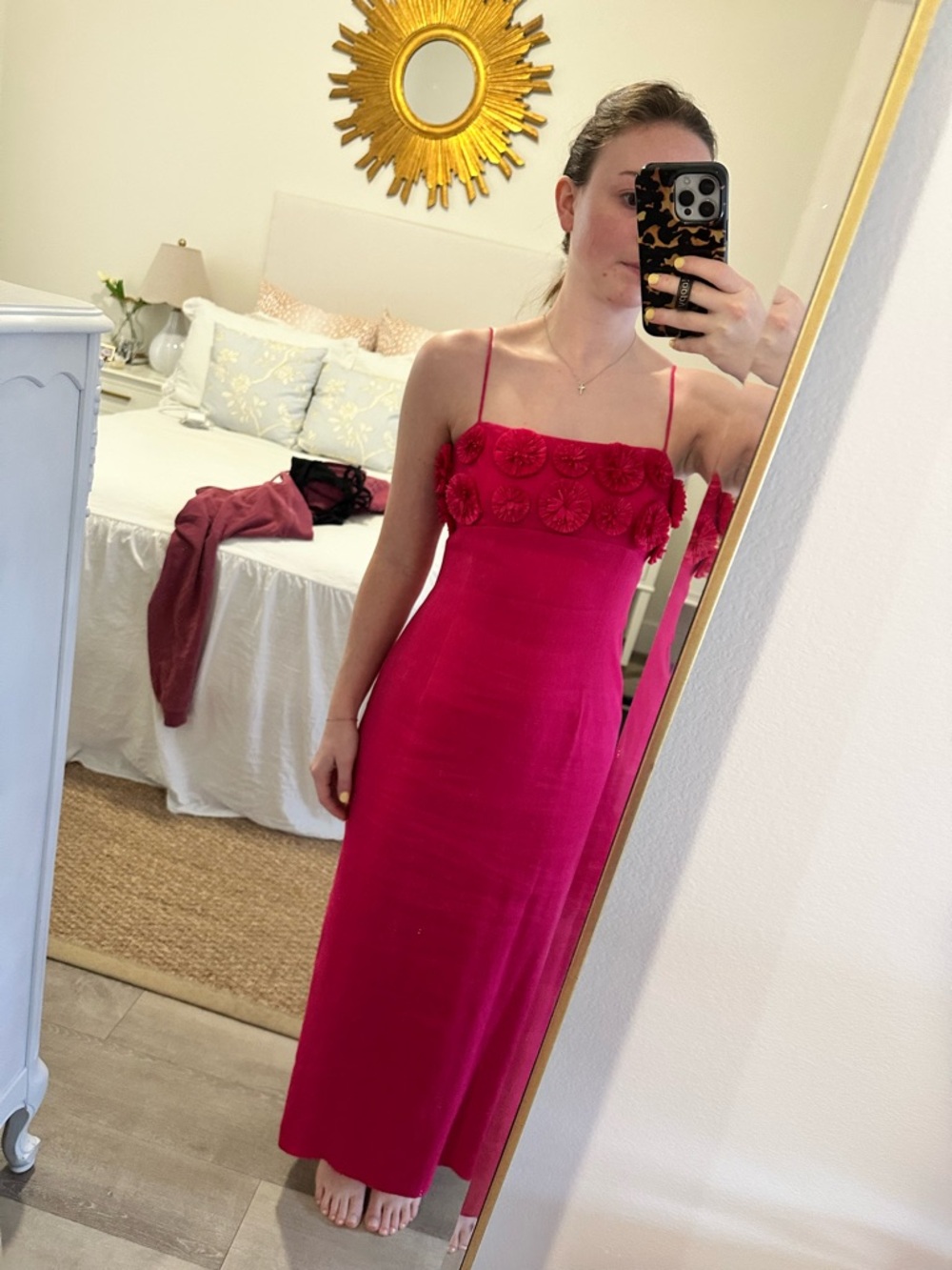 ANTONIO MELANI Hot Pink Midi Slip Dress with Rosette Trim